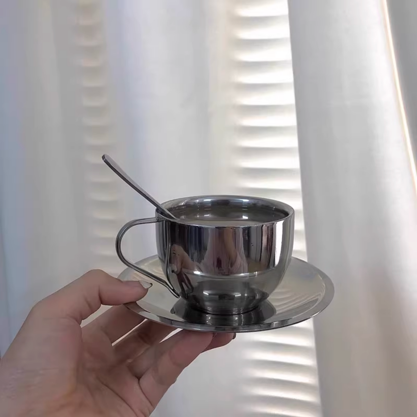 Steel Latte Coffee Cup With Saucer & Spoon