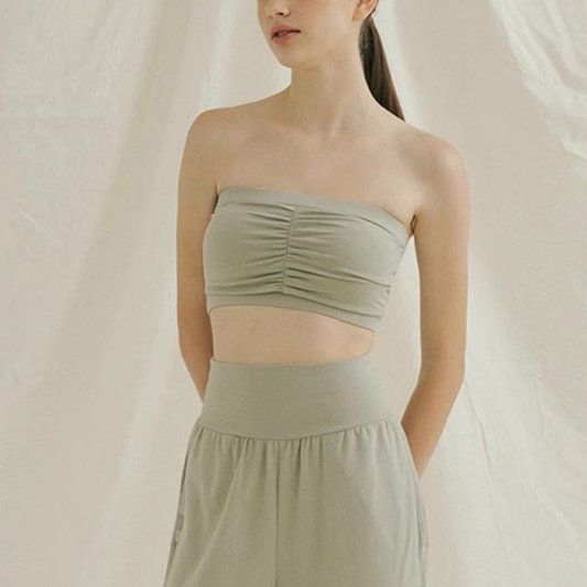 SANTOSHA Ruched Strapless Built-In Bra Crop Top (matcha latte)