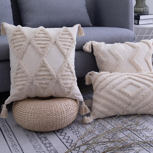 Beige & Cream Tufted Tassels Cushion Cover - Morandi Hygge